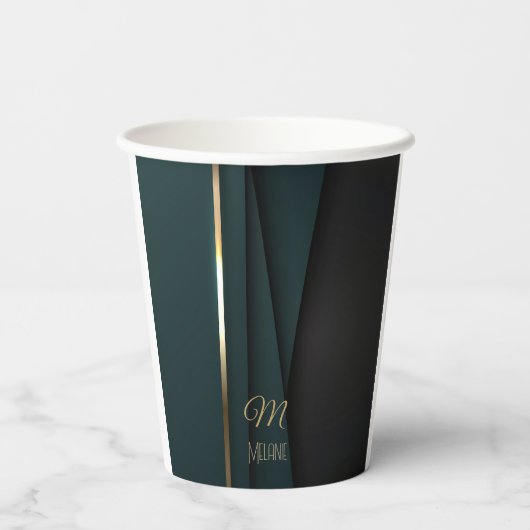 Elegant Luxe Donkergroen Goud Monogram Naam Papieren Bekers (Achterkant)
