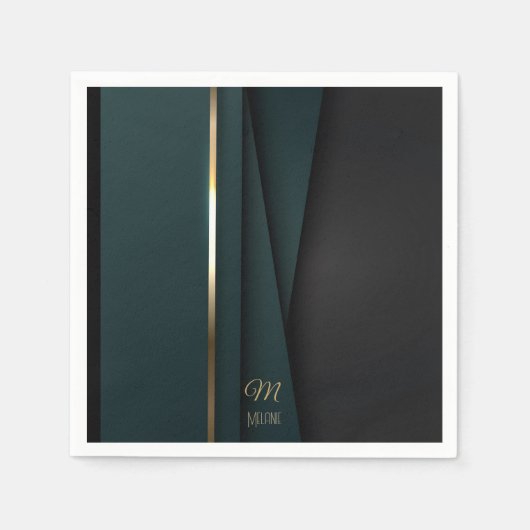 Elegant Luxe Donkergroen Goud Monogram Naam Servet (Voorkant)