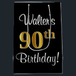 Elegant, luxe, Faux Gold Kijk 90th Birthday Medium Cadeauzakje<br><div class="desc">Dit luxe, elegante, en stijlvolle verjaardagstaartontwerp kenmerkt het rangschikkende aantal "90th"hebbend een grote faux/imitatie goud-als blik, naast een bericht van de verjaardagsgroet en een naam van de douane ontvankelijke in een manuscript-stijl doopvont. Het heeft ook een zwarte achtergrond. Een cadeautas als deze kan gebruikt worden bij het geven van een...</div>