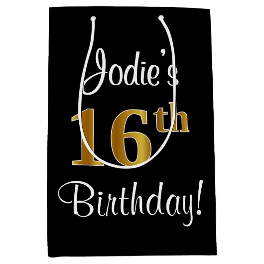 Elegant, Luxe, Faux Gold Look 16e verjaardag Medium Cadeauzakje (Voorkant)