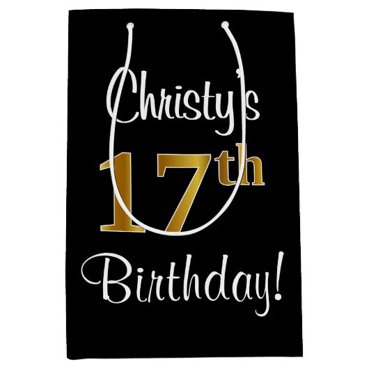 Elegant, Luxe, Faux Gold Look 17e verjaardag Medium Cadeauzakje (Voorkant)