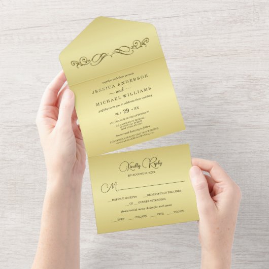 Elegant Luxe Goud  bruiloft All In One Uitnodiging (Afscheurbaar)