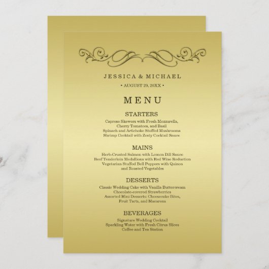 Elegant Luxe Goud bruiloft Menu (Voorkant / Achterkant)
