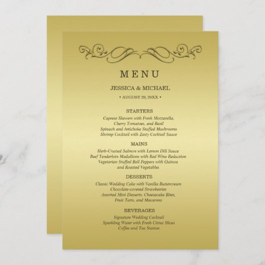 Elegant Luxe Goud bruiloft Menu (Voorkant / Achterkant)