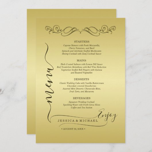 Elegant Luxe Goud bruiloft Menu (Voorkant / Achterkant)