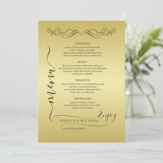 Elegant Luxe Goud  bruiloft Menu (Staand voorkant)
