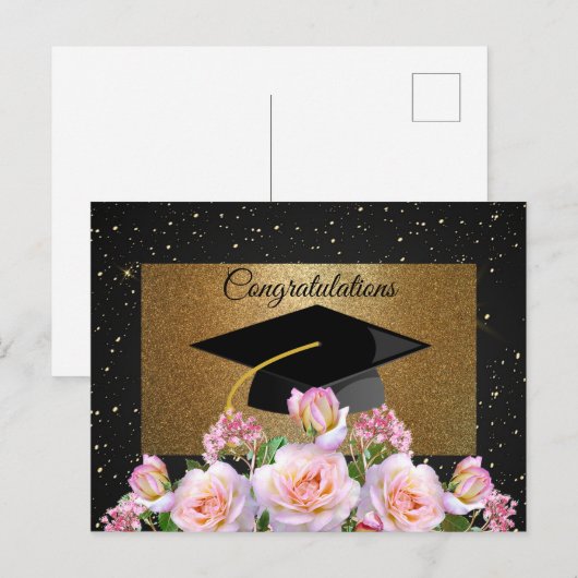 Elegant, Luxe, Gouden glitter, Rozen, Afstudeerdop Briefkaart (Voorkant / Achterkant)