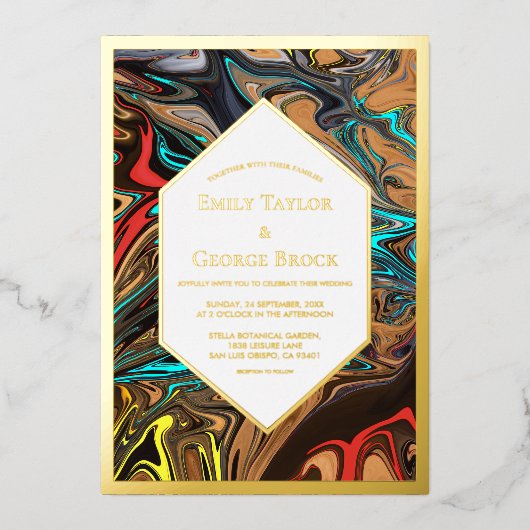 Elegant Luxe Kleurrijke Abstracte Kunst Trouwgoud Folie Uitnodiging (Voorkant)