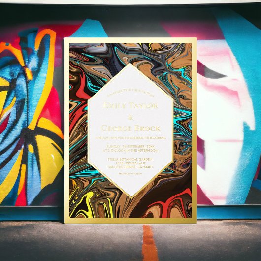 Elegant Luxe Kleurrijke Abstracte Kunst Trouwgoud Folie Uitnodiging