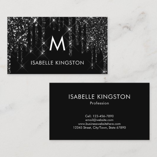 Elegant Luxe Monogram Zwart Glitter Drips Visitekaartje (Voorkant / Achterkant)
