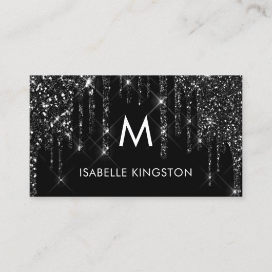 Elegant Luxe Monogram Zwart Glitter Drips Visitekaartje (Voorkant)