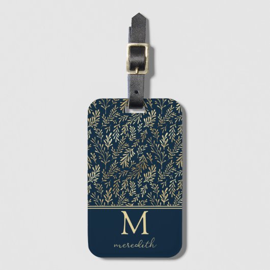 Elegant Luxe Navy Gold Leaf Monogram Bagagelabel (Voorkant (verticaal))