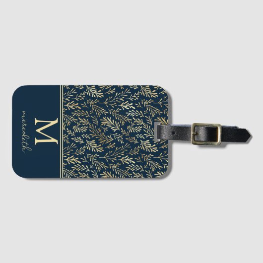 Elegant Luxe Navy Gold Leaf Monogram Bagagelabel (Voorkant (horizontaal))