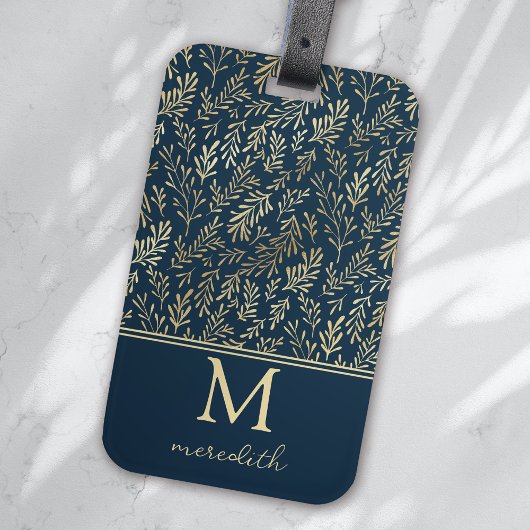 Elegant Luxe Navy Gold Leaf Monogram Bagagelabel