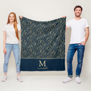 Elegant Luxe Navy Gold Leaf Monogram Fleece Deken
