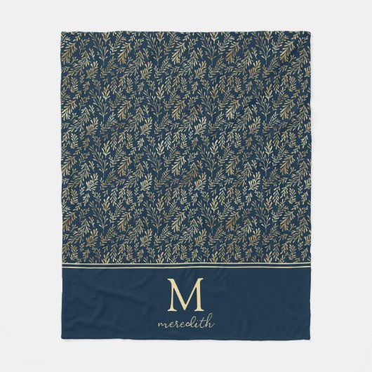 Elegant Luxe Navy Gold Leaf Monogram Fleece Deken (Voorkant)