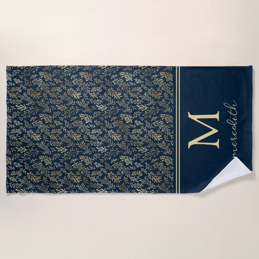 Elegant Luxe Navy Gold Leaf Monogram Strandlaken (Voorkant)