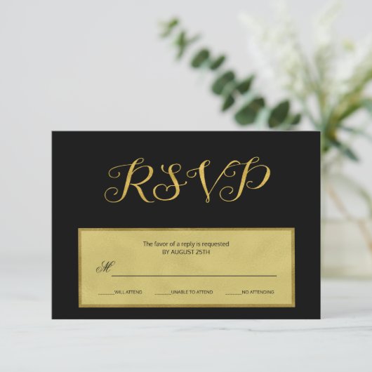 Elegant luxe Rsvp-script voor zwarte en gouden bru RSVP Kaartje (Staand voorkant)