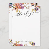 Elegant luxe script paars & oranje boho bloem bedankkaart (Voorkant / Achterkant)