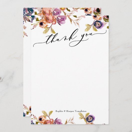 Elegant luxe script paars & oranje boho bloem bedankkaart (Voorkant / Achterkant)