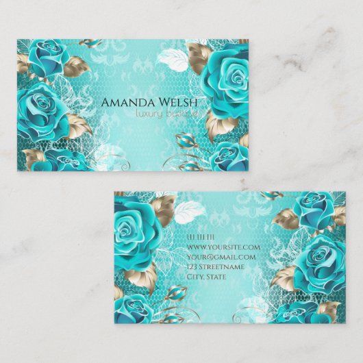 Elegant luxe turkooizen goudbloemen butique visitekaartje (Voorkant / Achterkant)