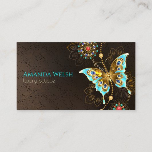 Elegant luxe vlinder bruin turkooizen goud visitekaartje (Voorkant)
