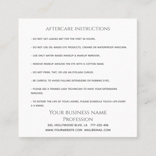 Elegant luxe wink zweeft make-up eye aftercare klantenkaartje (Achterkant)