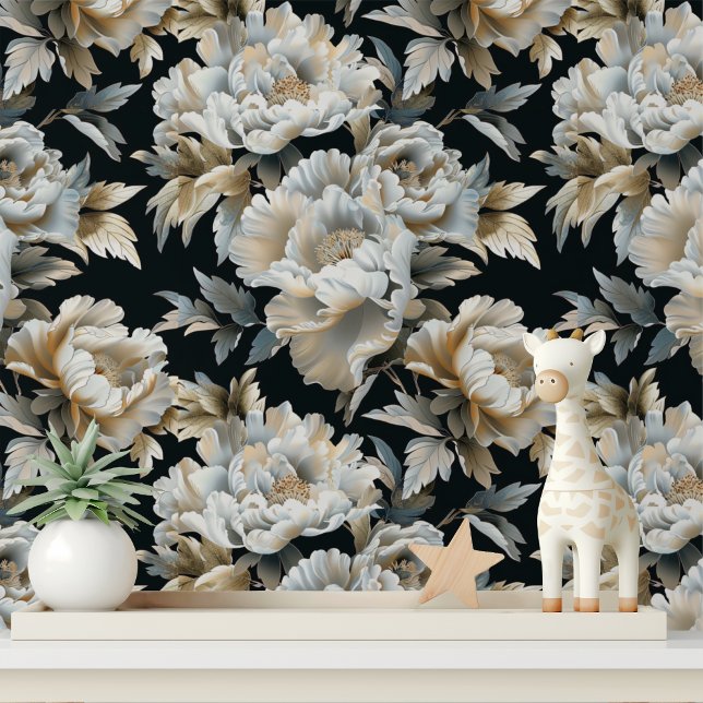Elegant Luxe Wit Gouden Pioen Bloemen Patroon Behang (Creator heeft geüpload)
