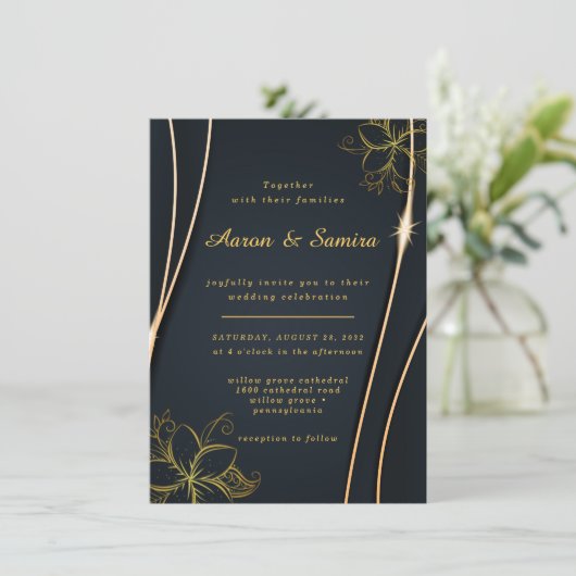 Elegant Luxe Zwart en Goud Bloemen bruiloft Kaart (Staand voorkant)