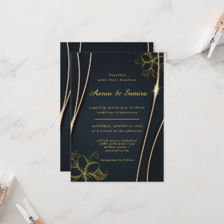 Elegant Luxe Zwart en Goud Bloemen bruiloft Kaart