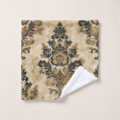 Elegant Luxe Zwart Goud Beige Ivoor Damast Bad Handdoek (Wasdoekje)
