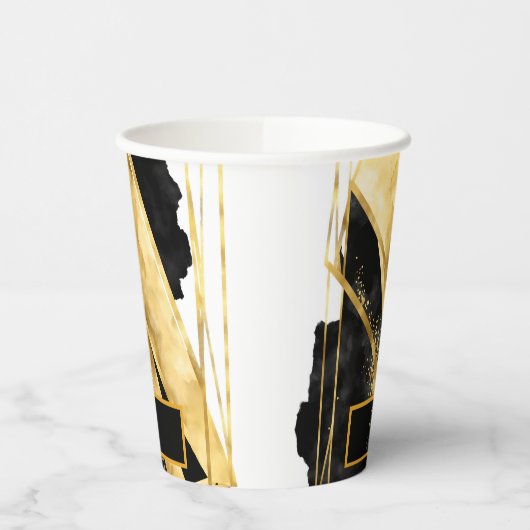 Elegant Luxe Zwart Goud Monogram Modern Glam Papieren Bekers (Links)