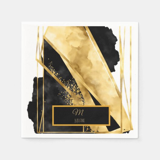 Elegant Luxe Zwart Goud Monogram Modern Glam Servet (Voorkant)