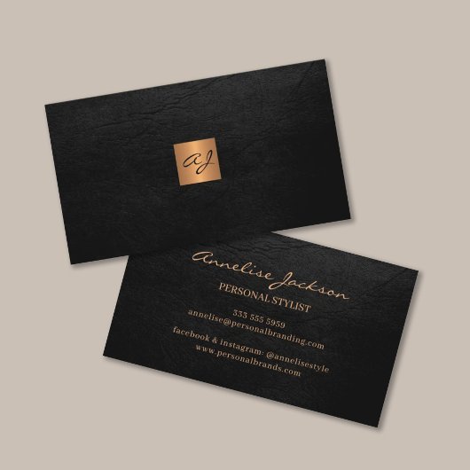 Elegant luxe zwart lederkoper goudmonogram visitekaartje
