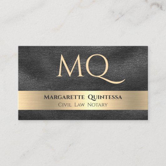 Elegant Luxe Zwart Leer Stijlvol Goud Monogram Visitekaartje (Voorkant)