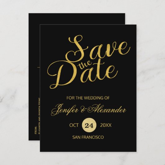 Elegant luxe zwarte goudbruiloft, bewaardatumscrip aankondigingskaart (Voorkant / Achterkant)