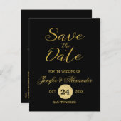 Elegant luxe zwarte goudbruiloft, bewaardatumscrip aankondigingskaart (Voorkant / Achterkant)