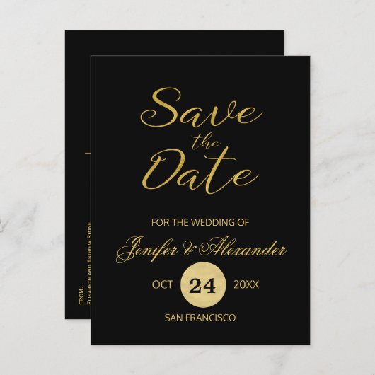 Elegant luxe zwarte goudbruiloft, bewaardatumscrip aankondigingskaart (Voorkant / Achterkant)