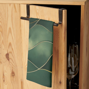 Elegant Luxueus Groen en Goud Draaiend Patroon Theedoek