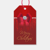 Elegant luxueus rood satijnbooglitter kerst cadeaulabel (Voorkant)