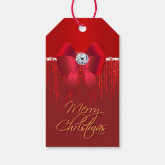 Elegant luxueus rood satijnbooglitter kerst cadeaulabel