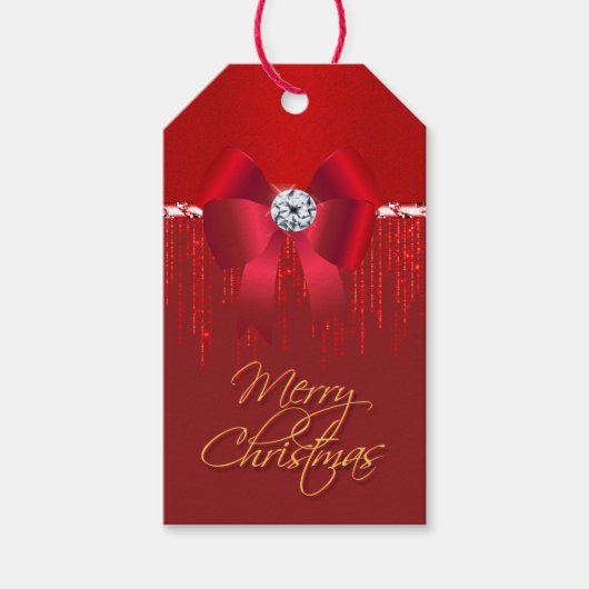 Elegant luxueus rood satijnbooglitter kerst cadeaulabel (Voorkant)