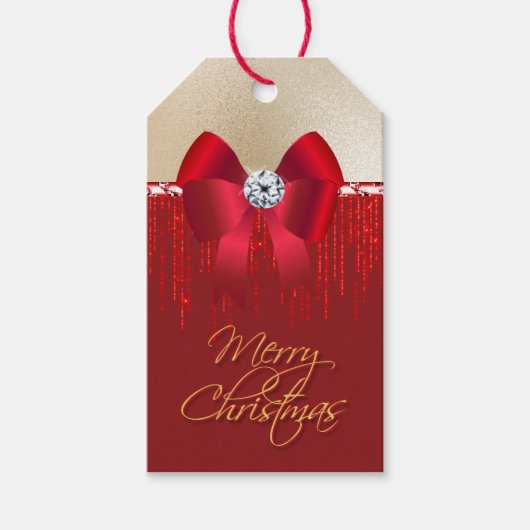 Elegant luxueus rood satijnstrik op gouden kerst cadeaulabel (Voorkant)