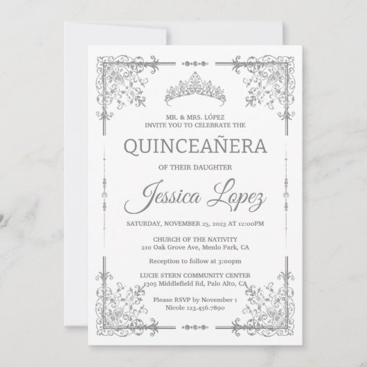 Elegant Luxurious White and Grey Quinceanera Kaart (Voorkant)