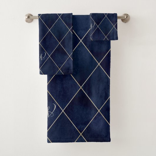 Elegant Luxurous Argyle Royal Blue Beige Gold Bad Handdoek (Insitu)