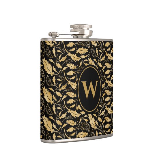 Elegant Luxury Black Gold Leaf Pattern Heupfles (Rechts)