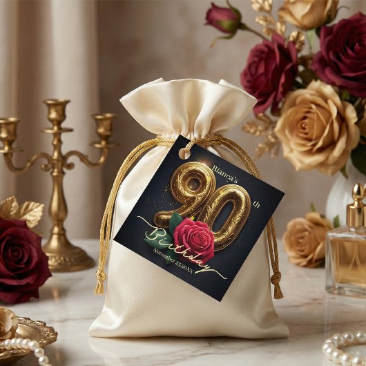 Elegant Luxury Black Gold Red Rose 90th Birthday Bedankjes Labels