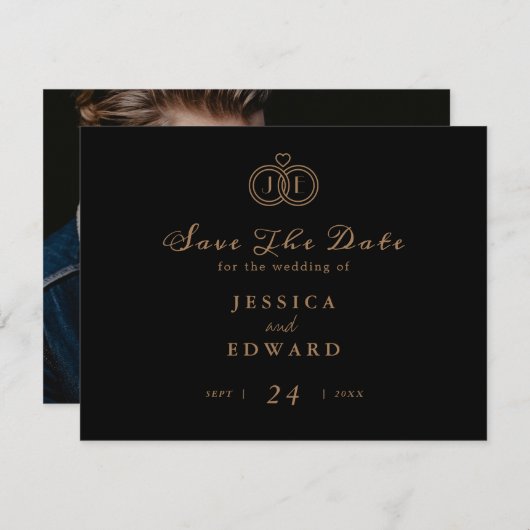 Elegant Luxury Black Gold Ring Monogram Foto Save The Date (Voorkant / Achterkant)