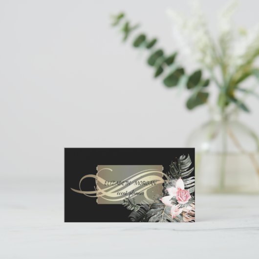Elegant Luxury Black Palm Leaves Flowers Visitekaartje (Staand voorkant)