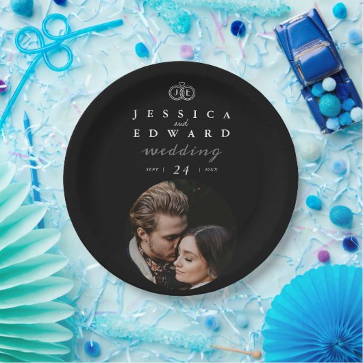 Elegant Luxury Black White Monogram Foto Weduwscha Papieren Bordje (Feest)